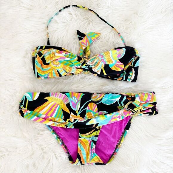 Trina Turk Womens Bikini Set Size 8 Halter Neck Black Multicolor Tropical Beach - Picture 1 of 6